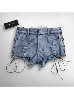 Be Wicked Denim Cutoff Shorts Women‎ S Blue Distressed Leather Lace Sides NWT